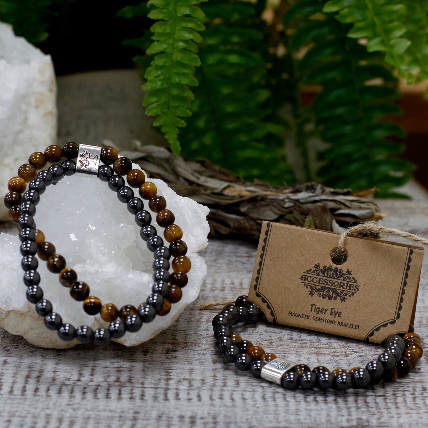 Handcrafted Gemstone Magnetic Bracelet - Tigers Eye / Confidence and Focus product packaging on clean background from Quintessential Holistic Health Ltd