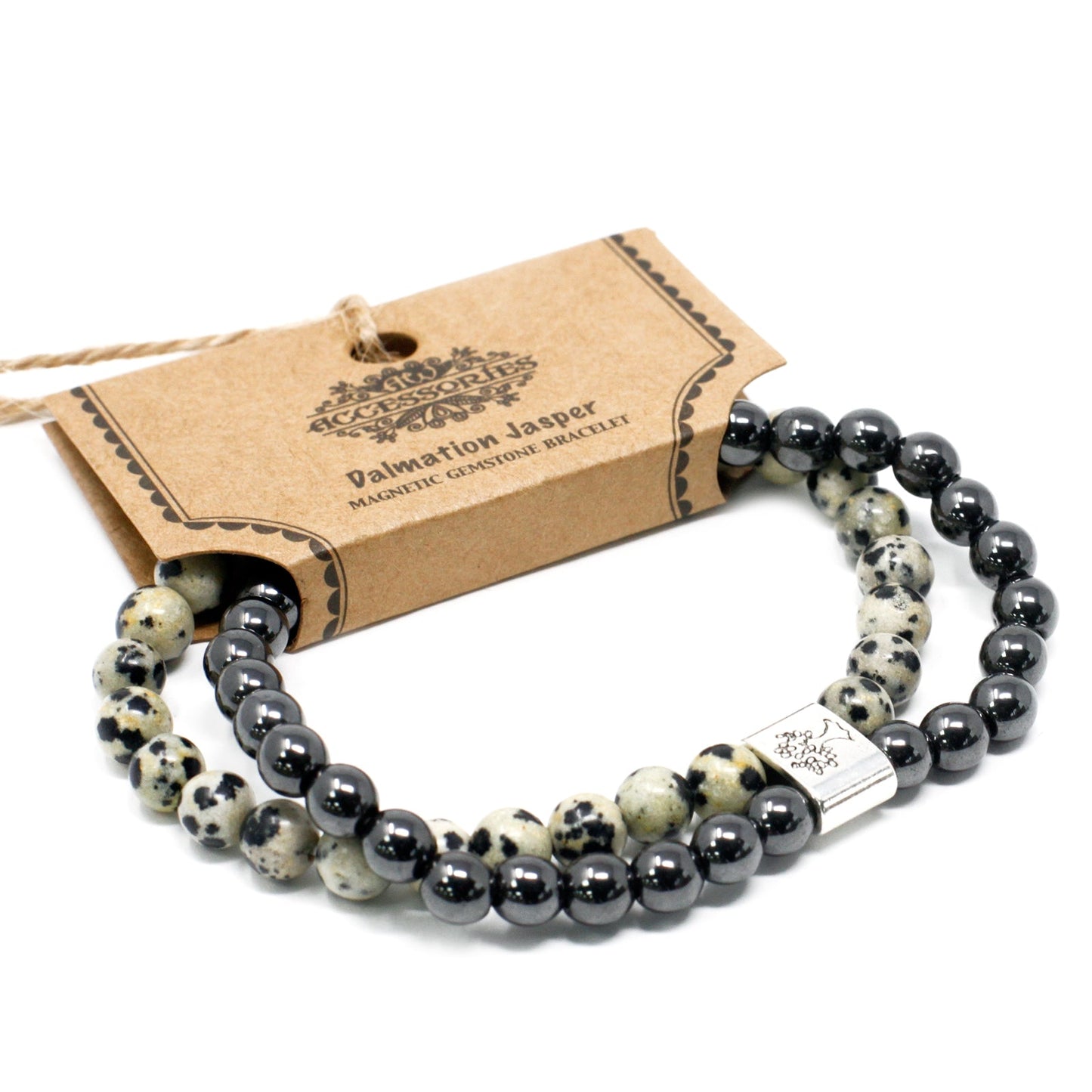 Handcrafted Gemstone Magnetic Bracelet - Dalmatian Jasper / Grounding and Protection product packaging on clean background from Quintessential Holistic Health Ltd