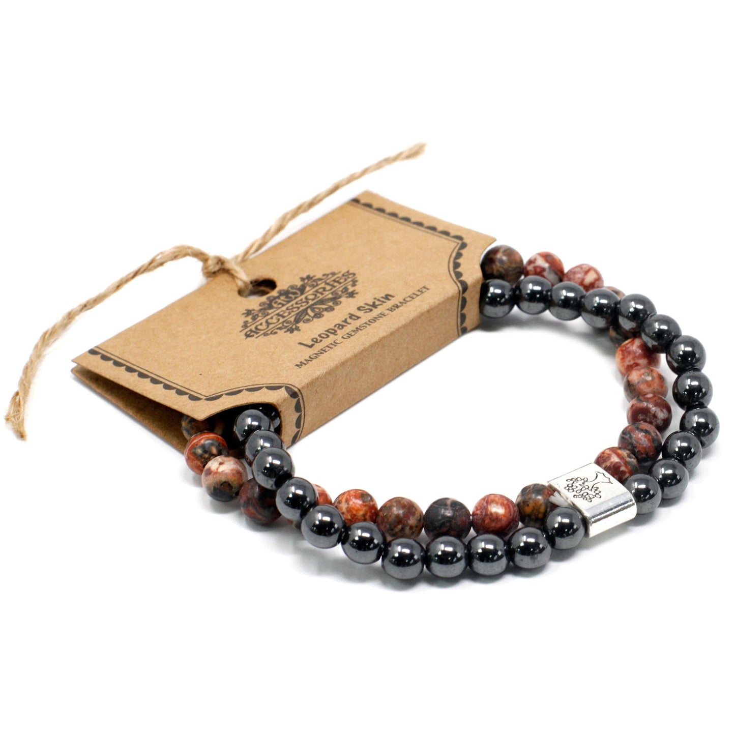 Handcrafted Gemstone Magnetic Bracelet - Leopard Skin / Courage and Strength product packaging on clean background from Quintessential Holistic Health Ltd