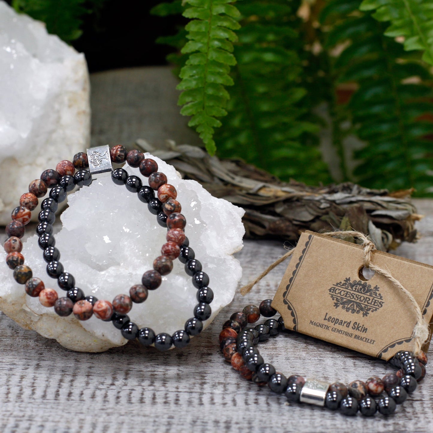 Handcrafted Gemstone Magnetic Bracelet - Leopard Skin / Courage and Strength product packaging on clean background from Quintessential Holistic Health Ltd