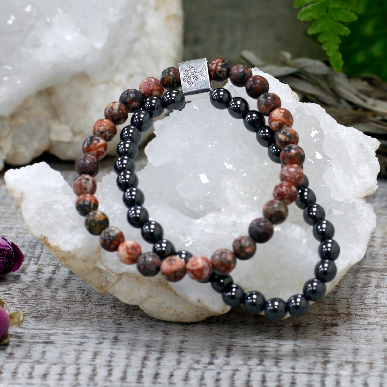 Handcrafted Gemstone Magnetic Bracelet - Leopard Skin / Courage and Strength product packaging on clean background from Quintessential Holistic Health Ltd