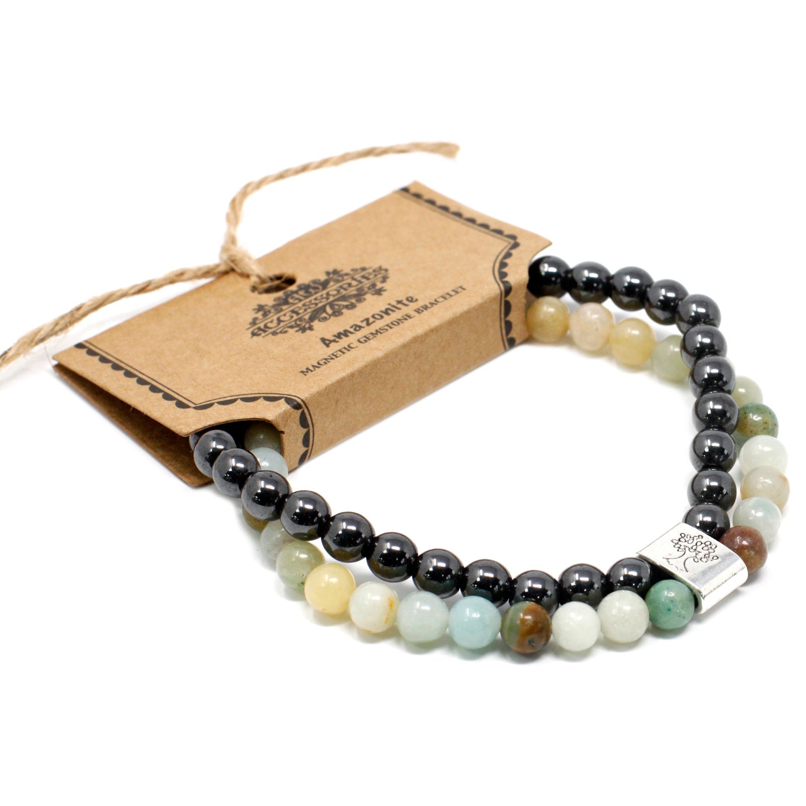 Handcrafted Gemstone Magnetic Bracelet - Amazonite / Emotional Balance and Self Expression product packaging on clean background from Quintessential Holistic Health Ltd