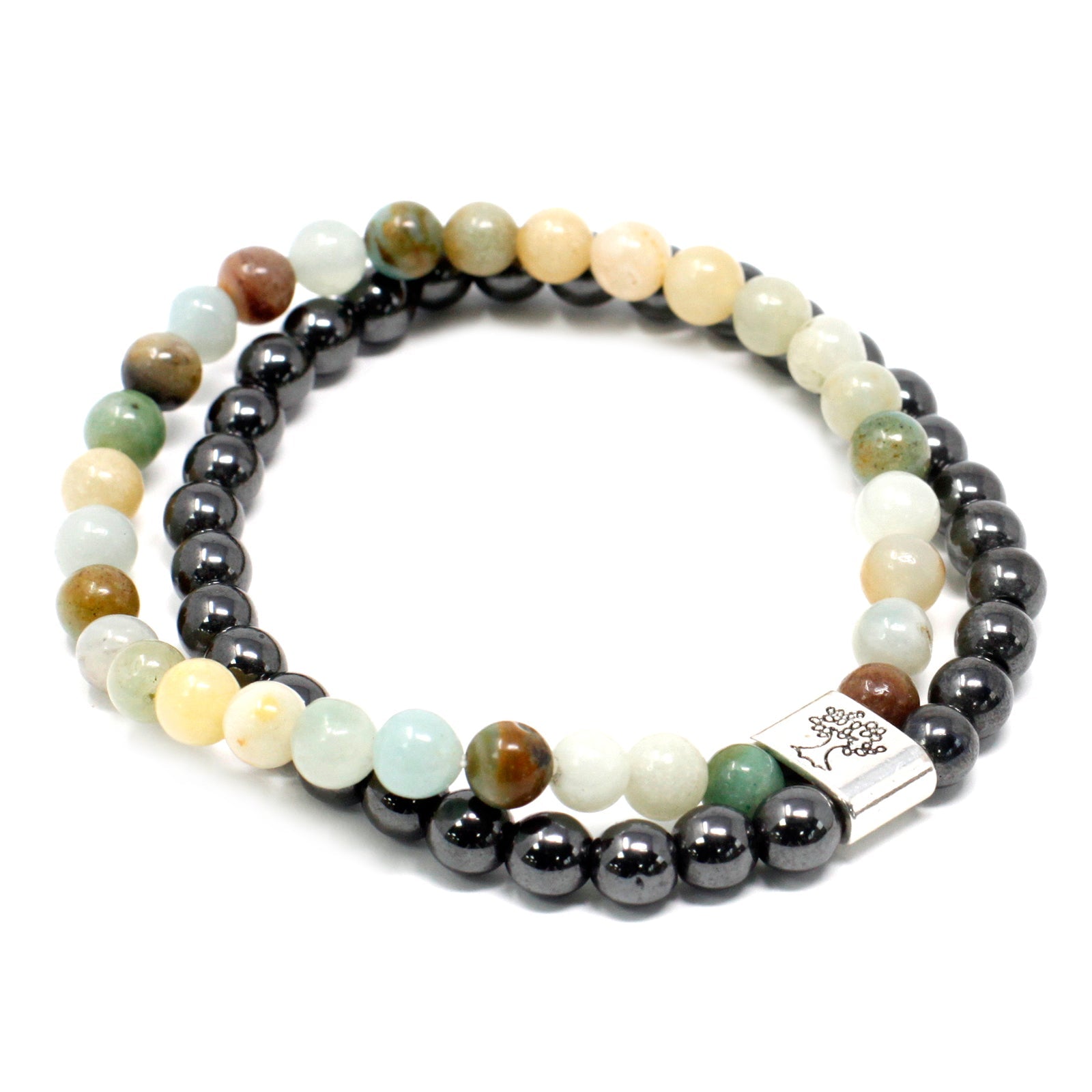 Handcrafted Gemstone Magnetic Bracelet - Amazonite / Emotional Balance and Self Expression product packaging on clean background from Quintessential Holistic Health Ltd