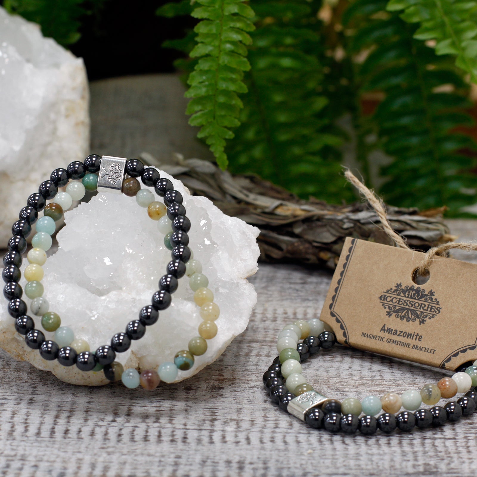 Handcrafted Gemstone Magnetic Bracelet - Amazonite / Emotional Balance and Self Expression product packaging on clean background from Quintessential Holistic Health Ltd