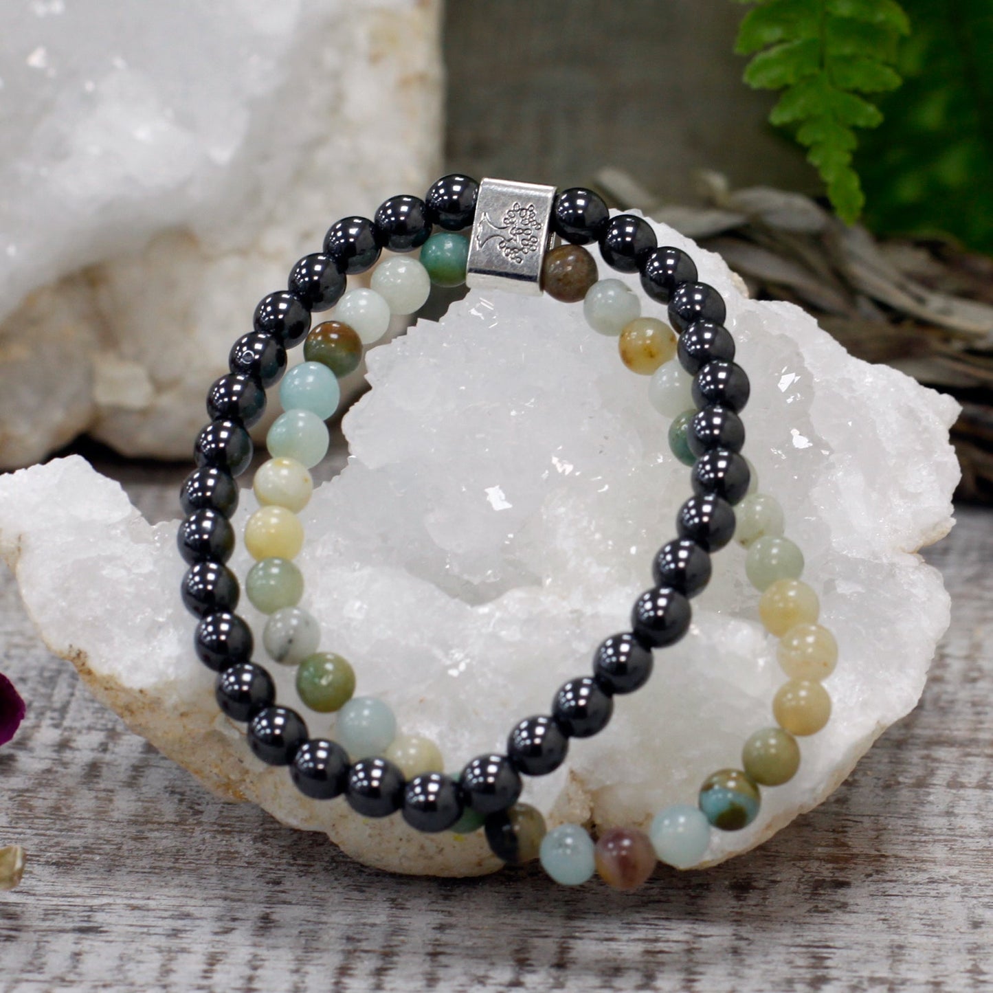 Handcrafted Gemstone Magnetic Bracelet - Amazonite / Emotional Balance and Self Expression product packaging on clean background from Quintessential Holistic Health Ltd