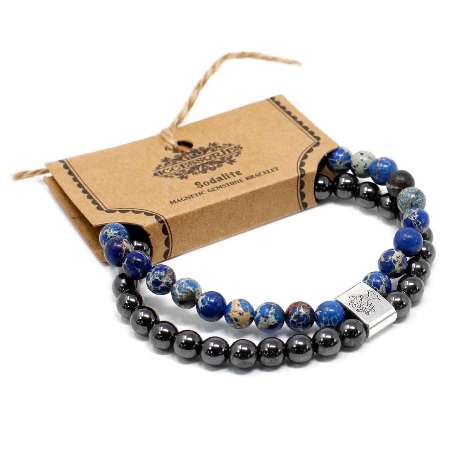 Handcrafted Gemstone Magnetic Bracelet - Sodalite / Clarity and Communication product packaging on clean background from Quintessential Holistic Health Ltd