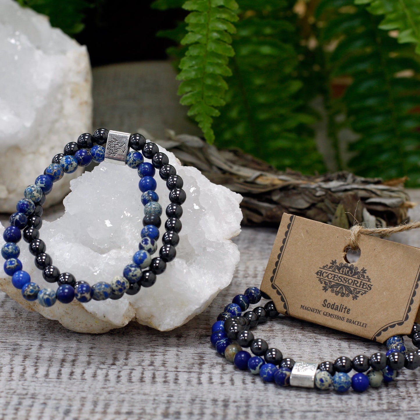 Handcrafted Gemstone Magnetic Bracelet - Sodalite / Clarity and Communication product packaging on clean background from Quintessential Holistic Health Ltd