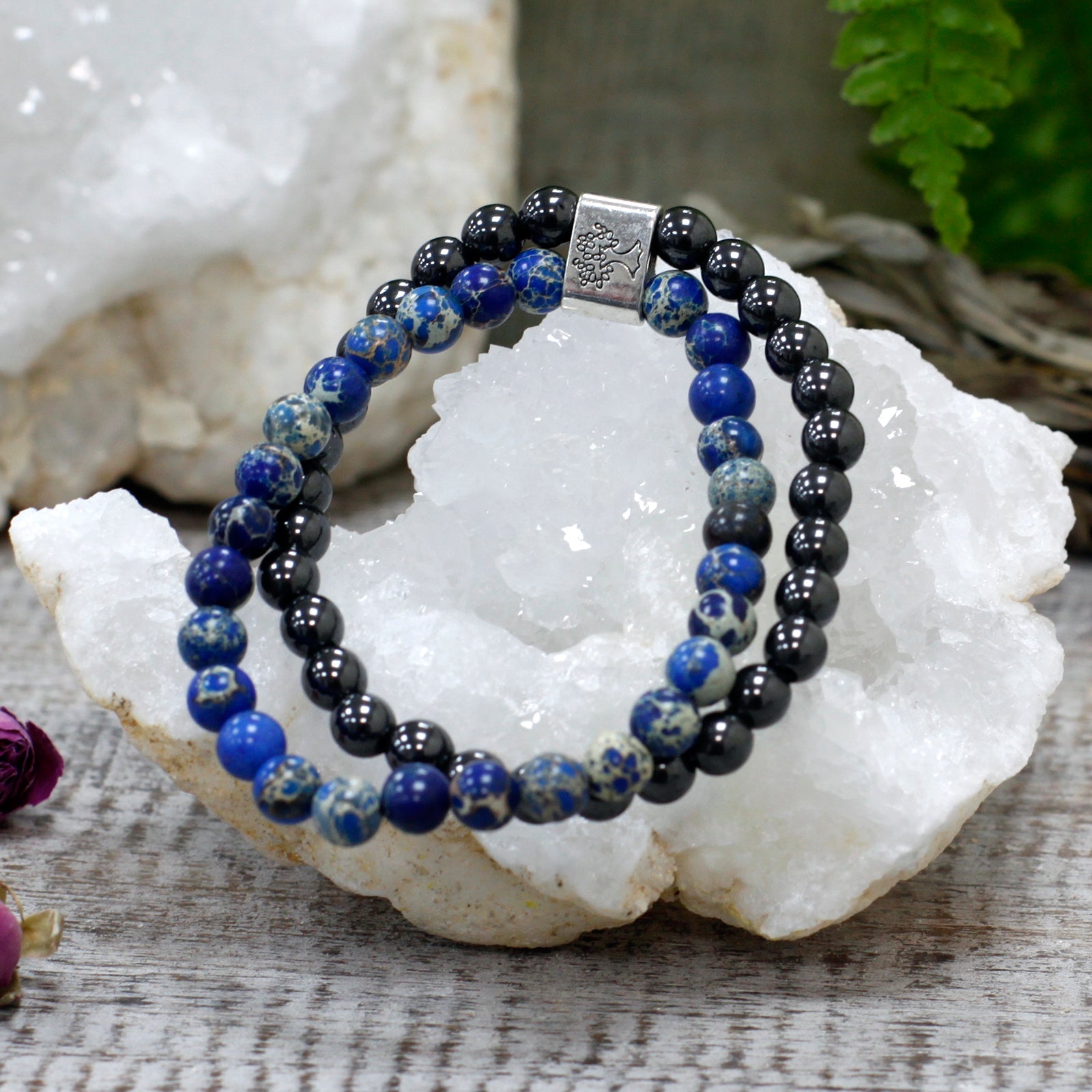 Handcrafted Gemstone Magnetic Bracelet - Sodalite / Clarity and Communication product packaging on clean background from Quintessential Holistic Health Ltd