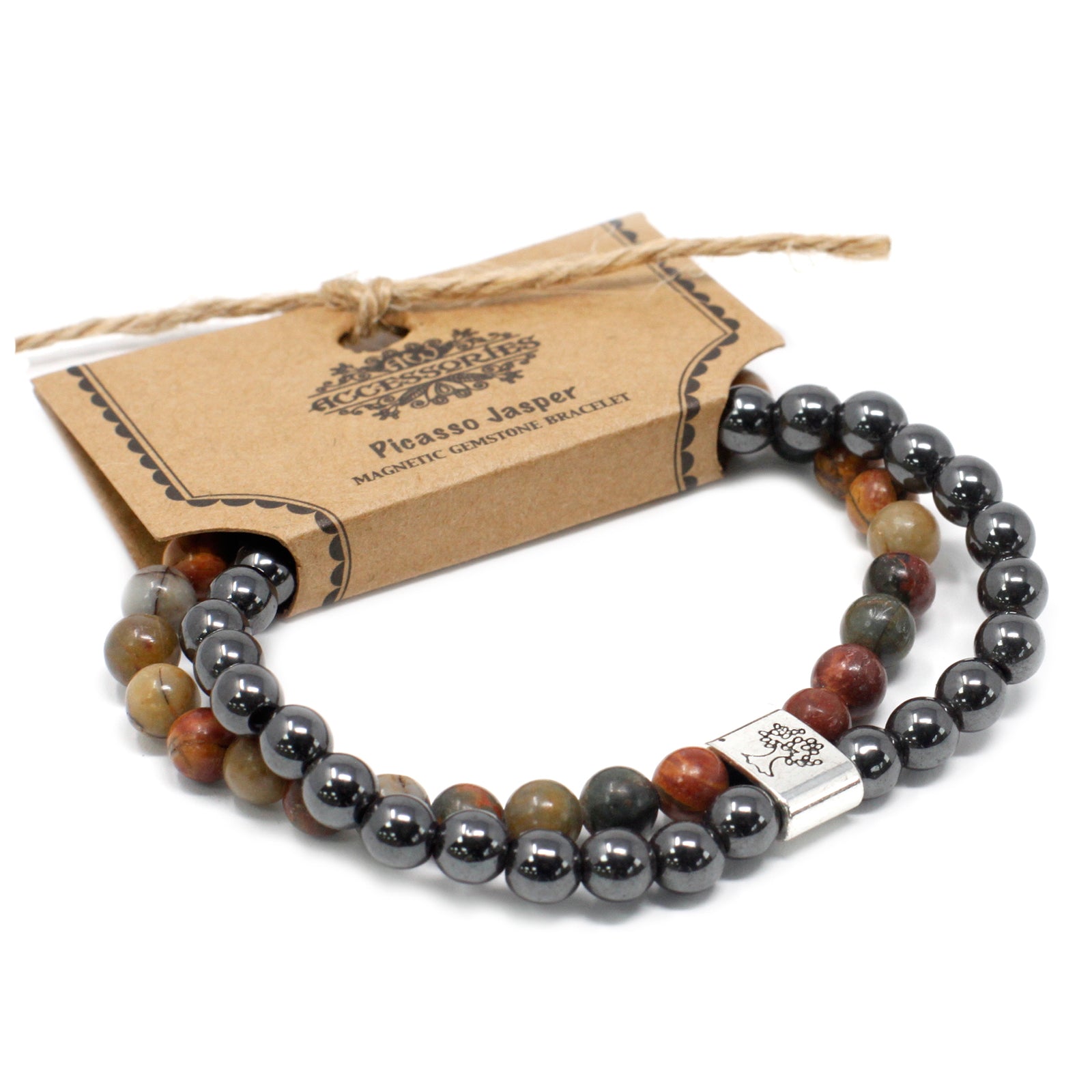 Handcrafted Gemstone Magnetic Bracelet - Picasso Jasper / Grounding and Self Discipline product packaging on clean background from Quintessential Holistic Health Ltd