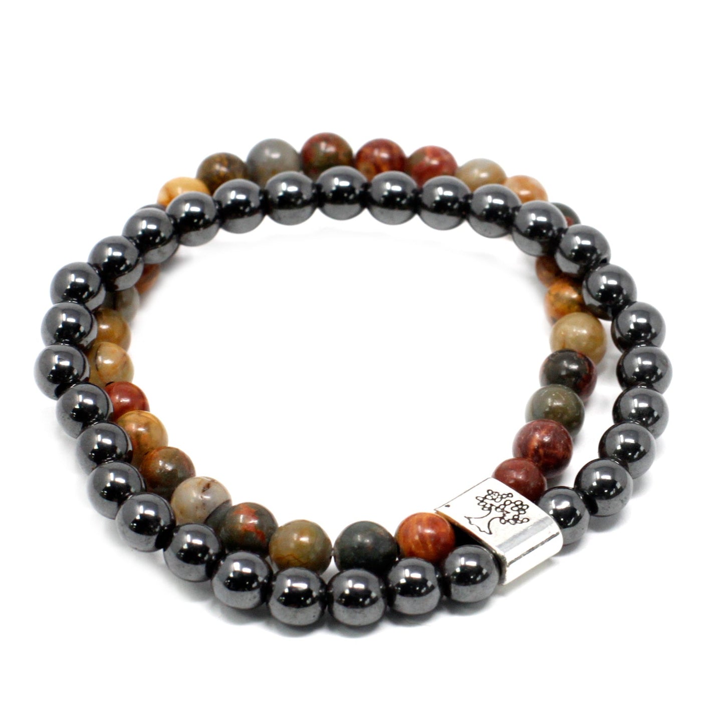 Handcrafted Gemstone Magnetic Bracelet - Picasso Jasper / Grounding and Self Discipline product packaging on clean background from Quintessential Holistic Health Ltd
