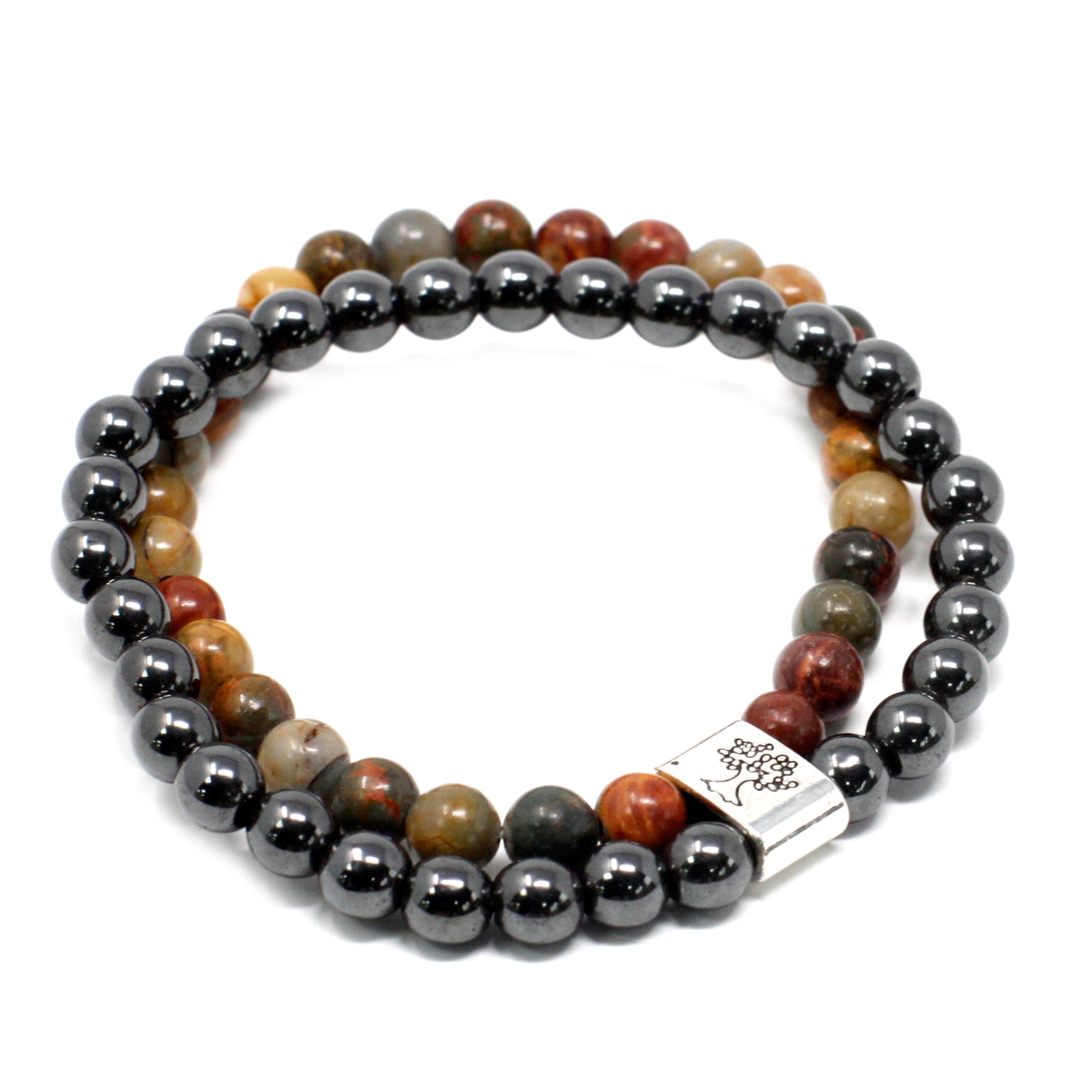 Handcrafted Gemstone Magnetic Bracelet - Picasso Jasper / Grounding and Self Discipline product packaging on clean background from Quintessential Holistic Health Ltd
