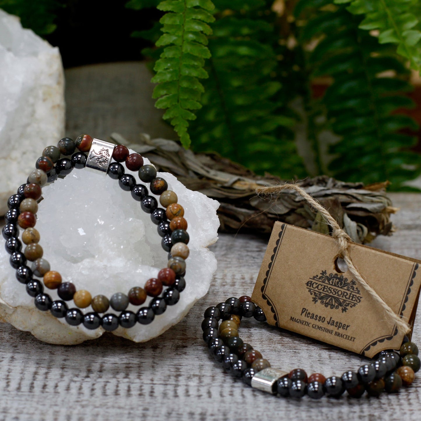 Handcrafted Gemstone Magnetic Bracelet - Picasso Jasper / Grounding and Self Discipline product packaging on clean background from Quintessential Holistic Health Ltd