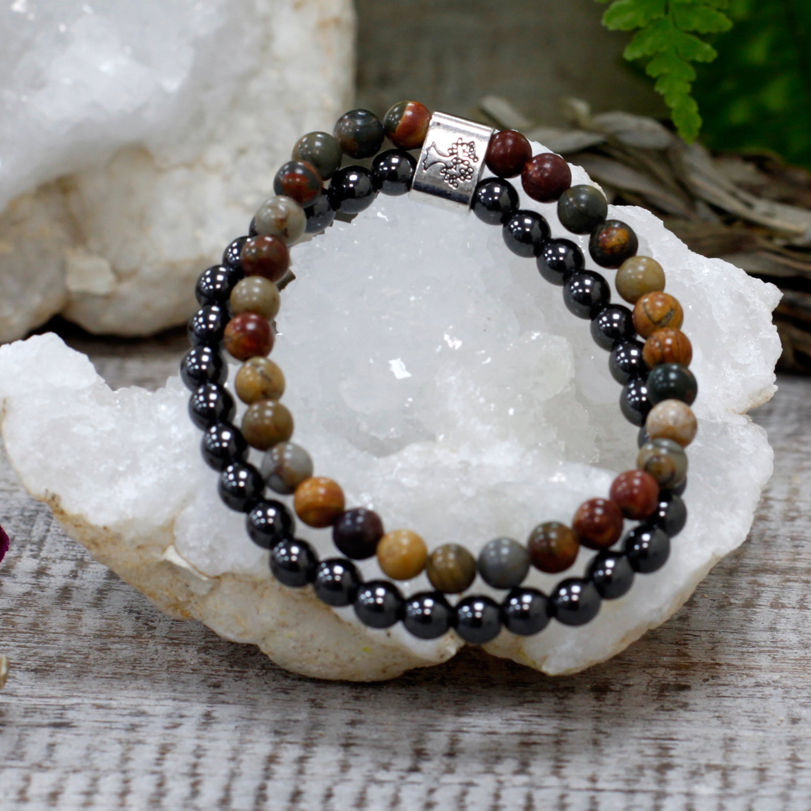 Handcrafted Gemstone Magnetic Bracelet - Picasso Jasper / Grounding and Self Discipline product packaging on clean background from Quintessential Holistic Health Ltd
