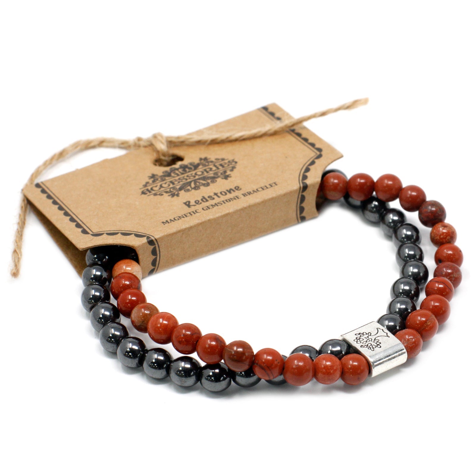 Handcrafted Gemstone Magnetic Bracelet - Redstone / Vitality and Passion product packaging on clean background from Quintessential Holistic Health Ltd