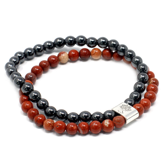 Handcrafted Gemstone Magnetic Bracelet - Redstone / Vitality and Passion product packaging on clean background from Quintessential Holistic Health Ltd