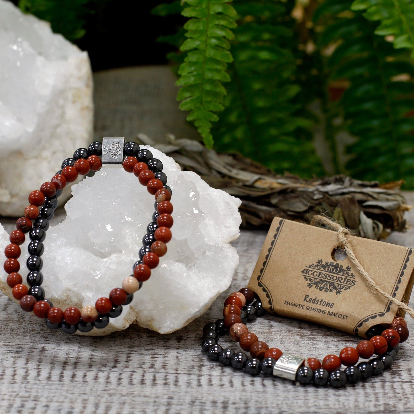 Handcrafted Gemstone Magnetic Bracelet - Redstone / Vitality and Passion product packaging on clean background from Quintessential Holistic Health Ltd