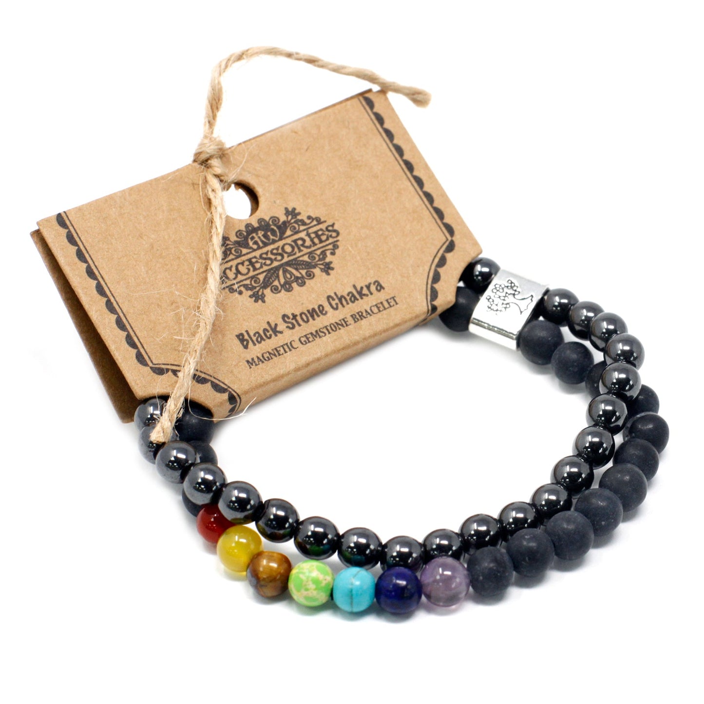 Handcrafted Gemstone Magnetic Bracelet - Black Stone Chakra / Strength and Security product packaging on clean background from Quintessential Holistic Health Ltd