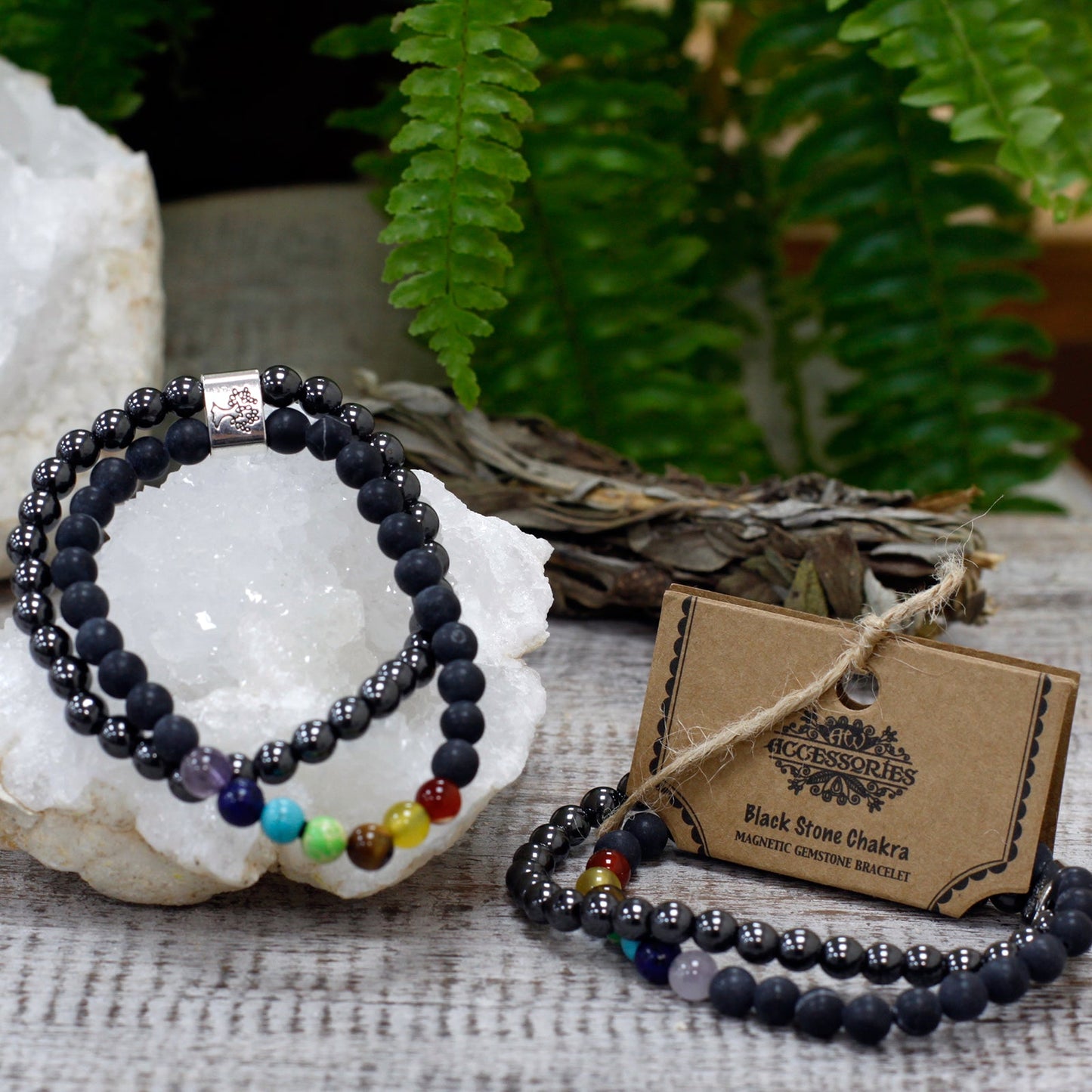 Handcrafted Gemstone Magnetic Bracelet - Black Stone Chakra / Strength and Security product packaging on clean background from Quintessential Holistic Health Ltd