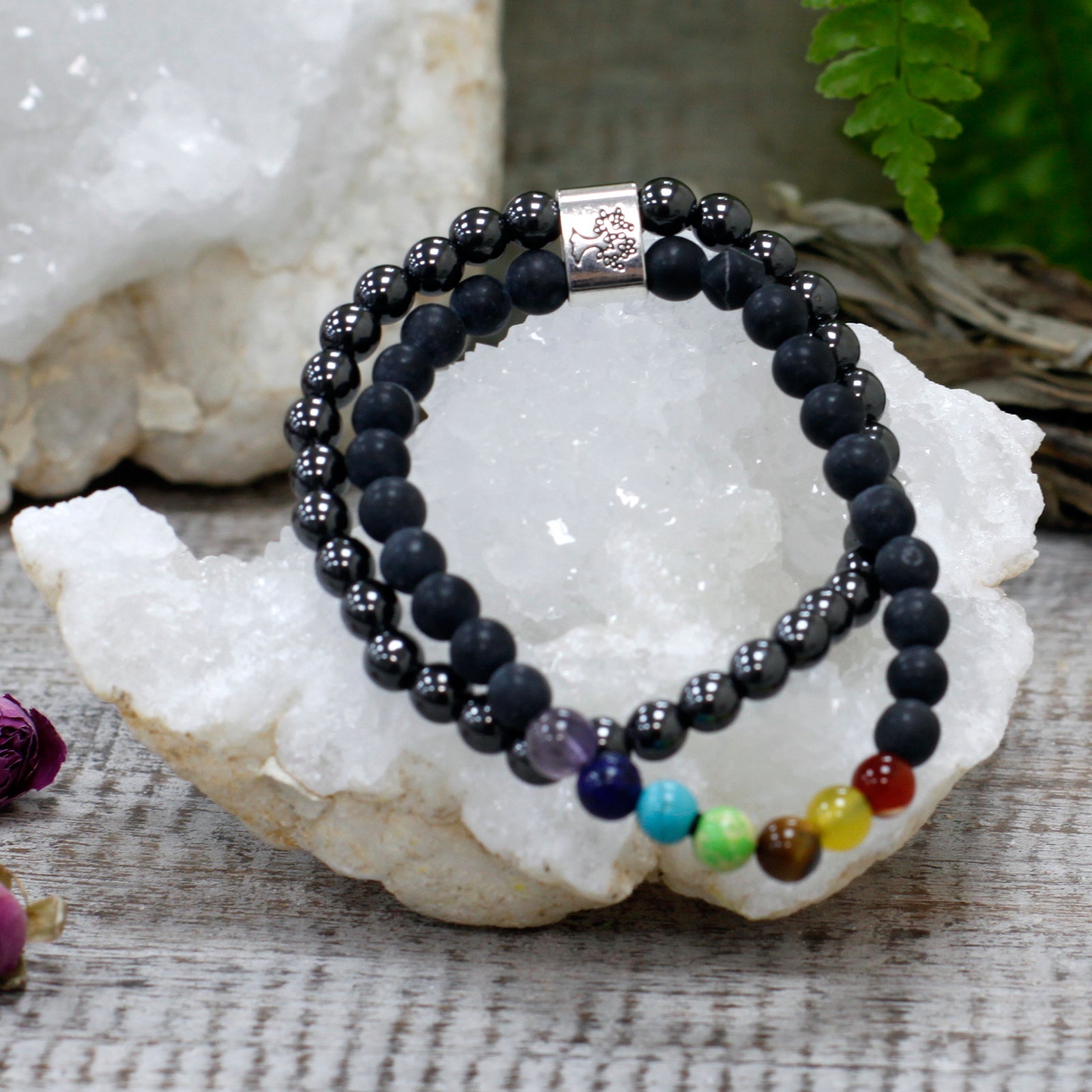 Handcrafted Gemstone Magnetic Bracelet - Black Stone Chakra / Strength and Security product packaging on clean background from Quintessential Holistic Health Ltd