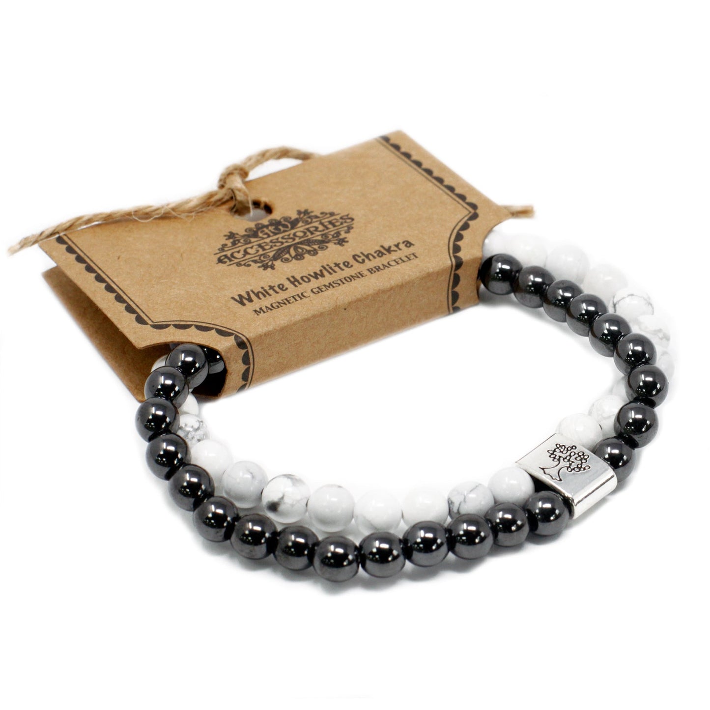 Handcrafted Gemstone Magnetic Bracelet - White Howlite Chakra / Stress Relief and Awareness product packaging on clean background from Quintessential Holistic Health Ltd