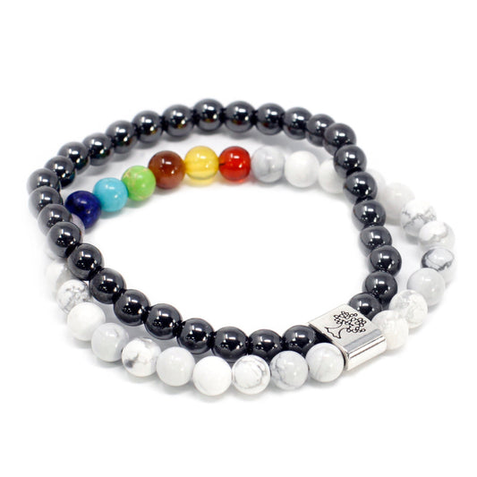 Handcrafted Gemstone Magnetic Bracelet - White Howlite Chakra / Stress Relief and Awareness product packaging on clean background from Quintessential Holistic Health Ltd
