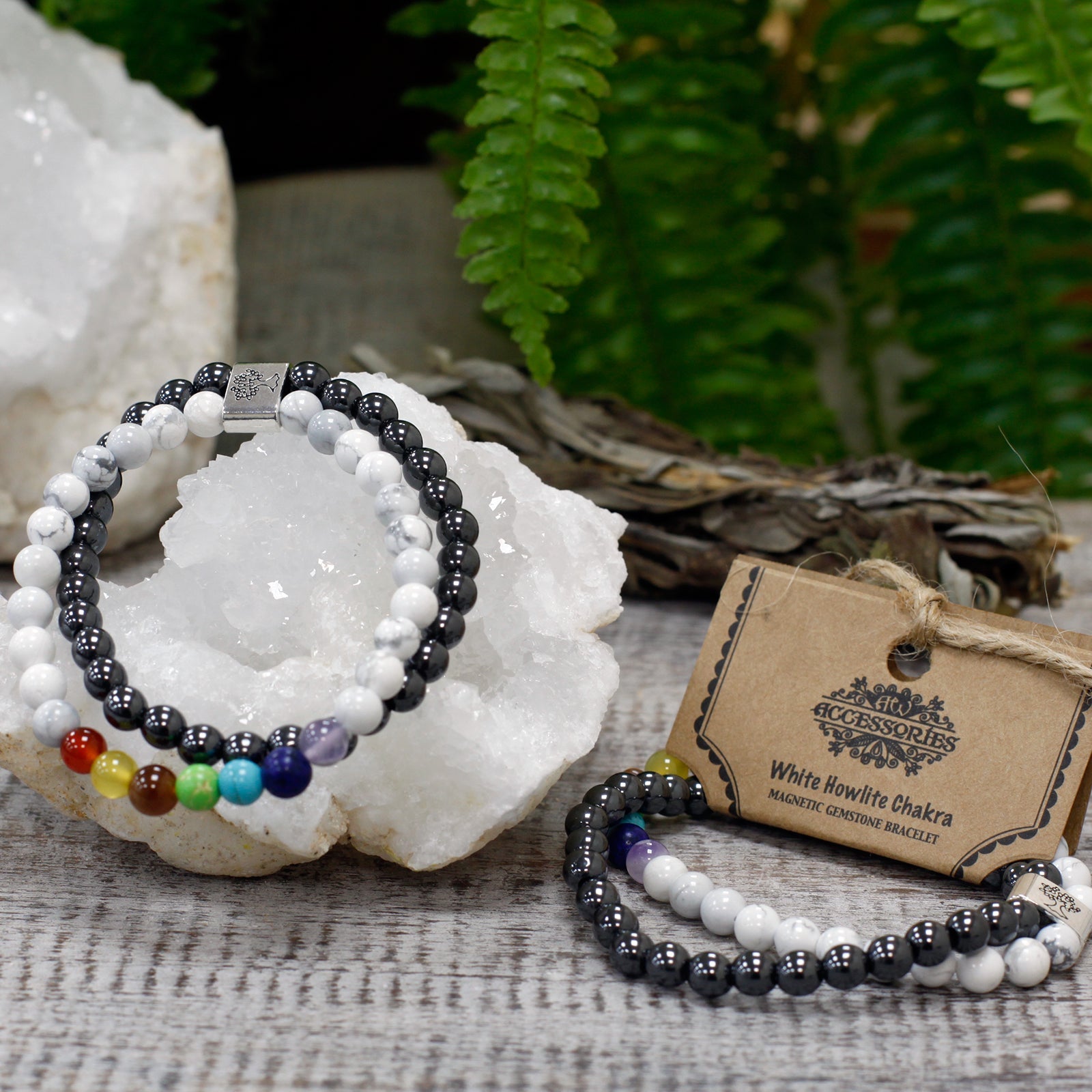 Handcrafted Gemstone Magnetic Bracelet - White Howlite Chakra / Stress Relief and Awareness product packaging on clean background from Quintessential Holistic Health Ltd