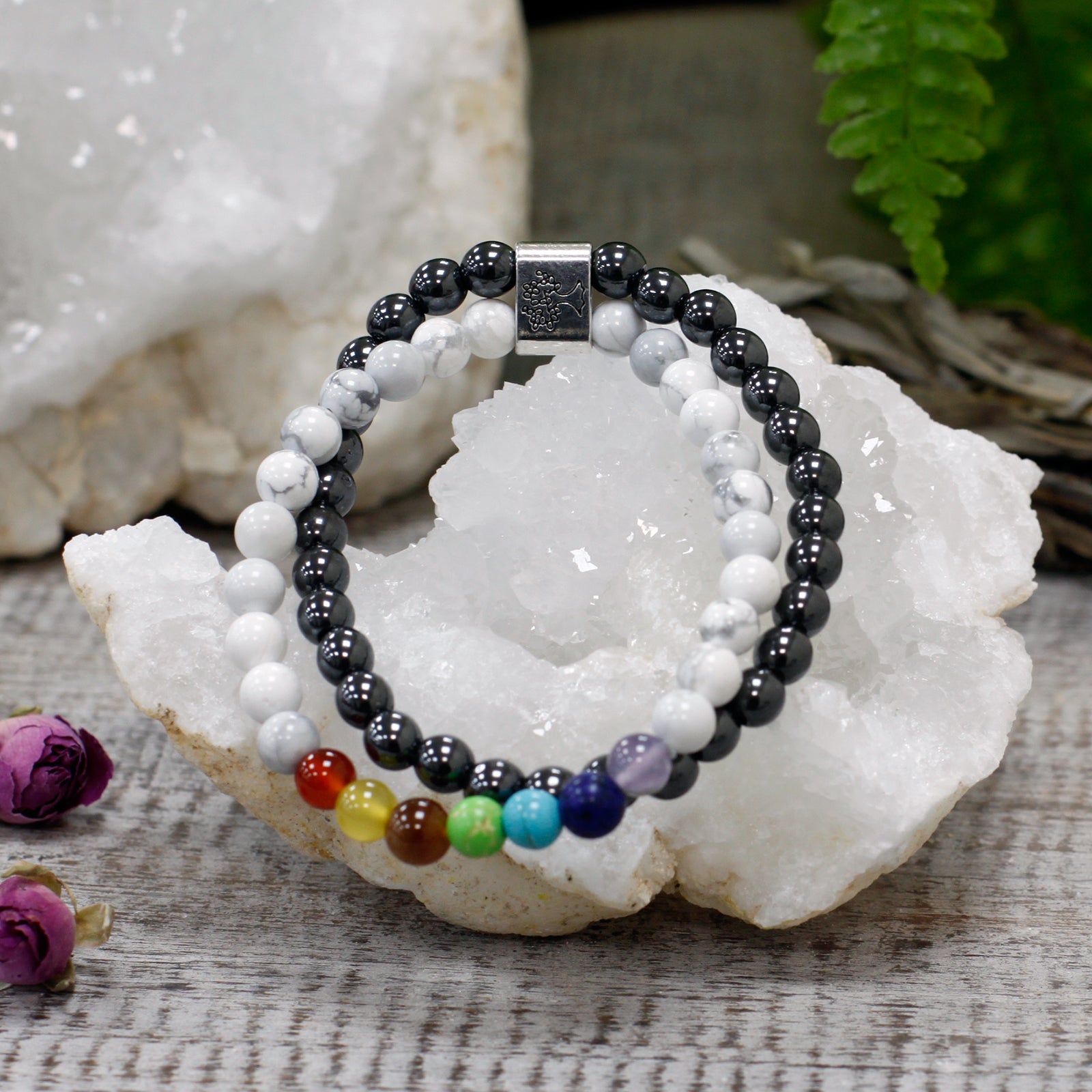 Handcrafted Gemstone Magnetic Bracelet - White Howlite Chakra / Stress Relief and Awareness product packaging on clean background from Quintessential Holistic Health Ltd