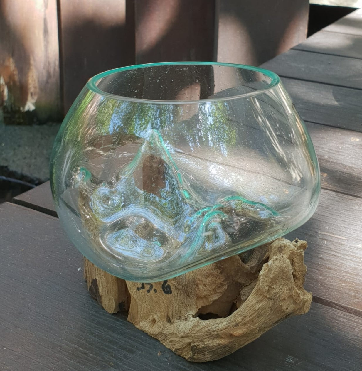 Handmade Molten Recycled Glass Vase on Wood - Small / Round / Clear / Light Blue product packaging on clean background from Quintessential Holistic Health Ltd