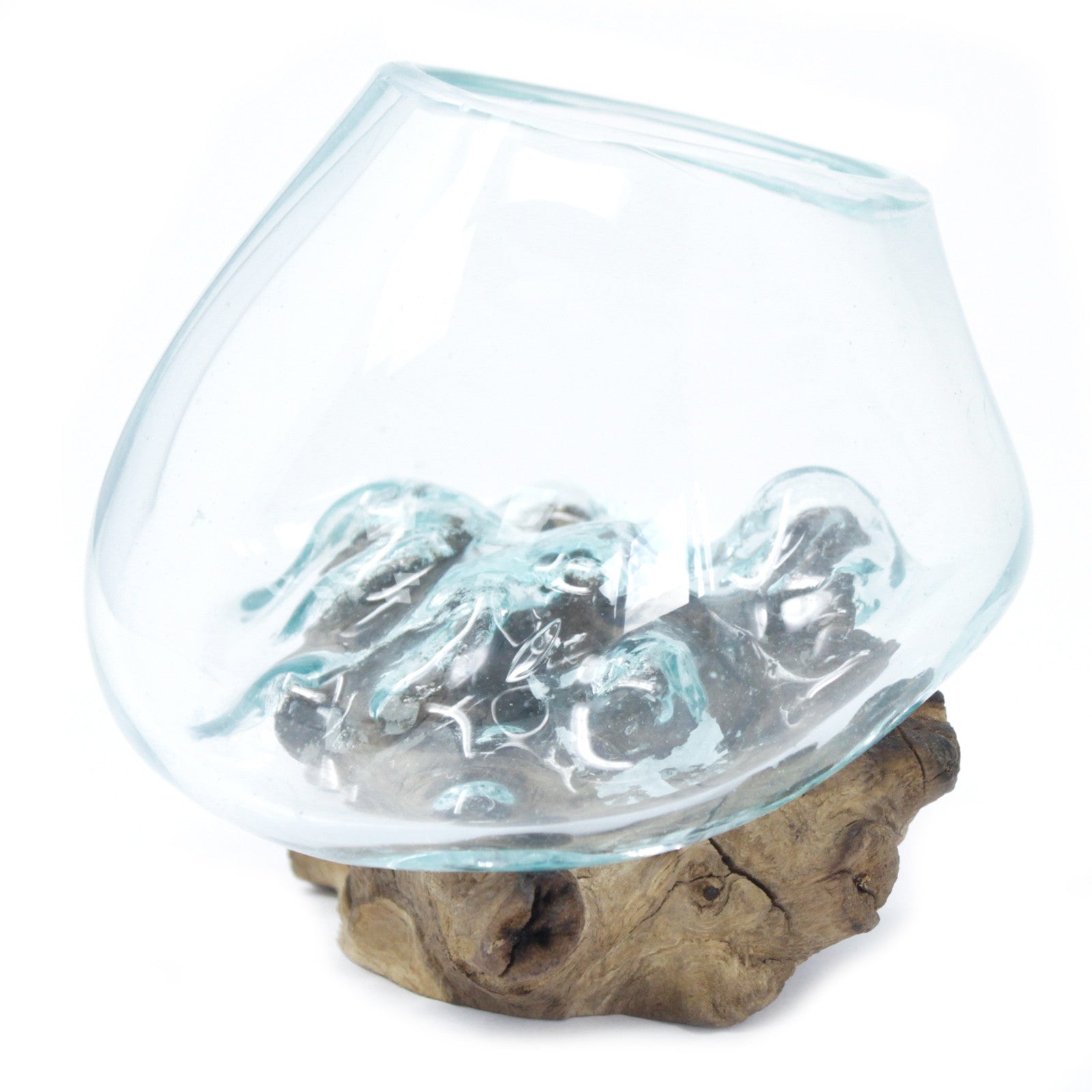 Handmade Molten Recycled Glass Vase on Wood - Small / Round / Clear / Light Blue product packaging on clean background from Quintessential Holistic Health Ltd
