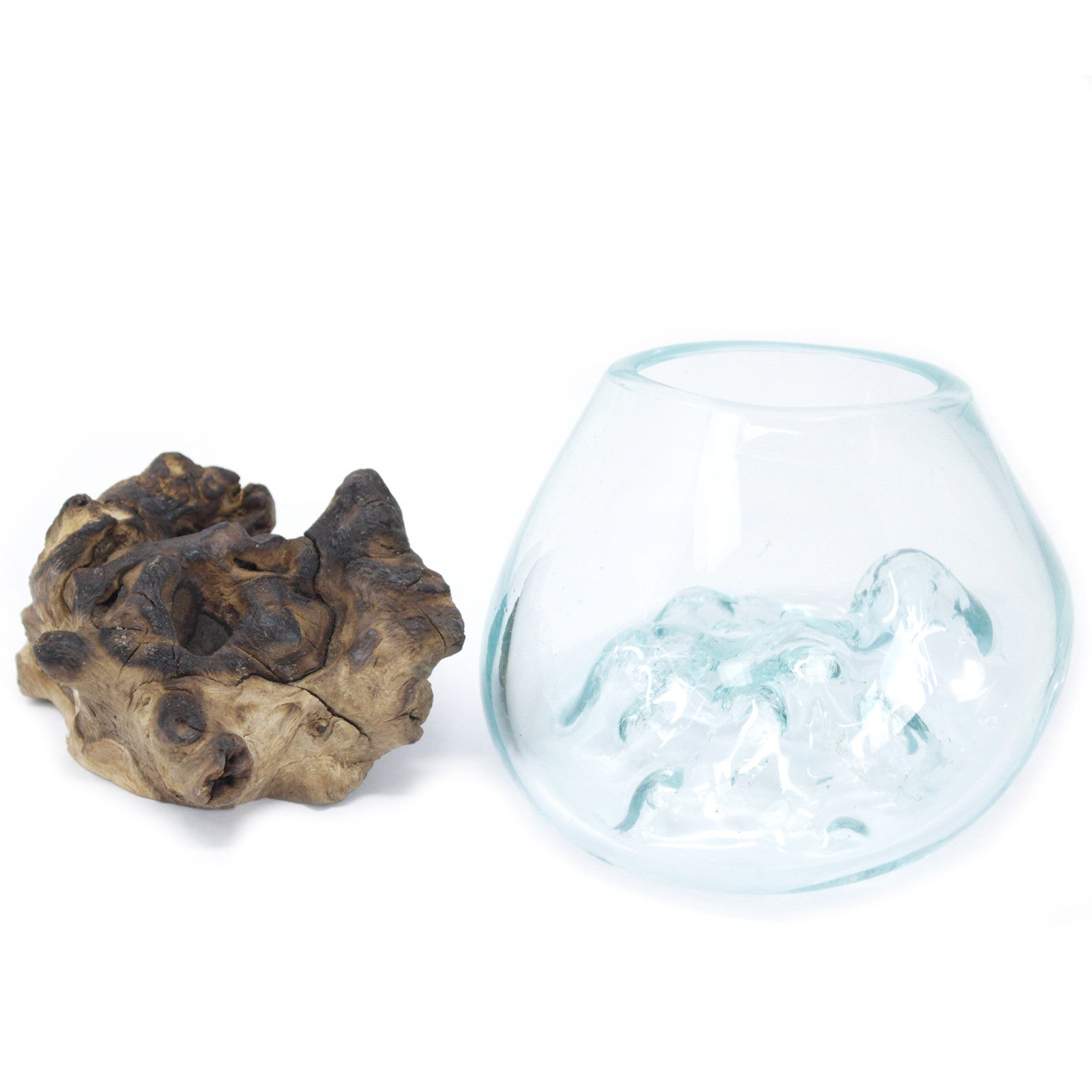 Handmade Molten Recycled Glass Vase on Wood - Small / Round / Clear / Light Blue product packaging on clean background from Quintessential Holistic Health Ltd