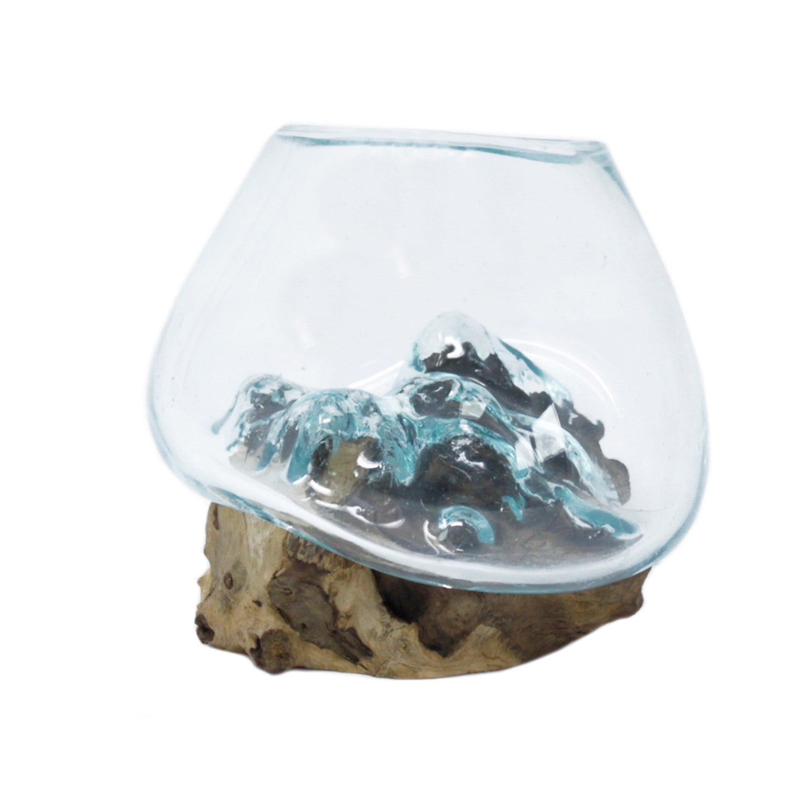Handmade Molten Recycled Glass Vase on Wood - Small / Round / Clear / Light Blue product packaging on clean background from Quintessential Holistic Health Ltd