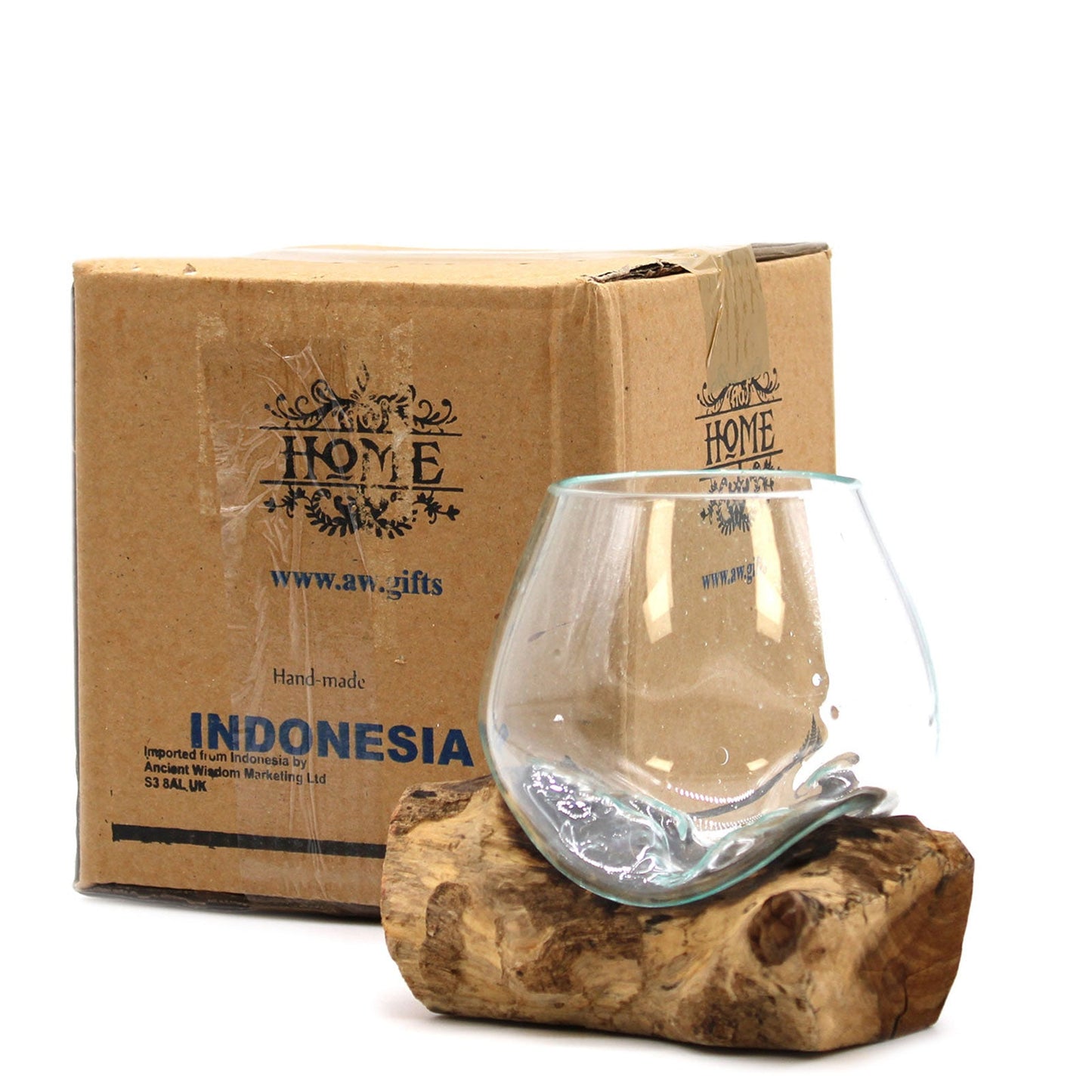 Handmade Molten Recycled Glass Vase on Wood - Small / Round / Clear / Light Blue product packaging on clean background from Quintessential Holistic Health Ltd