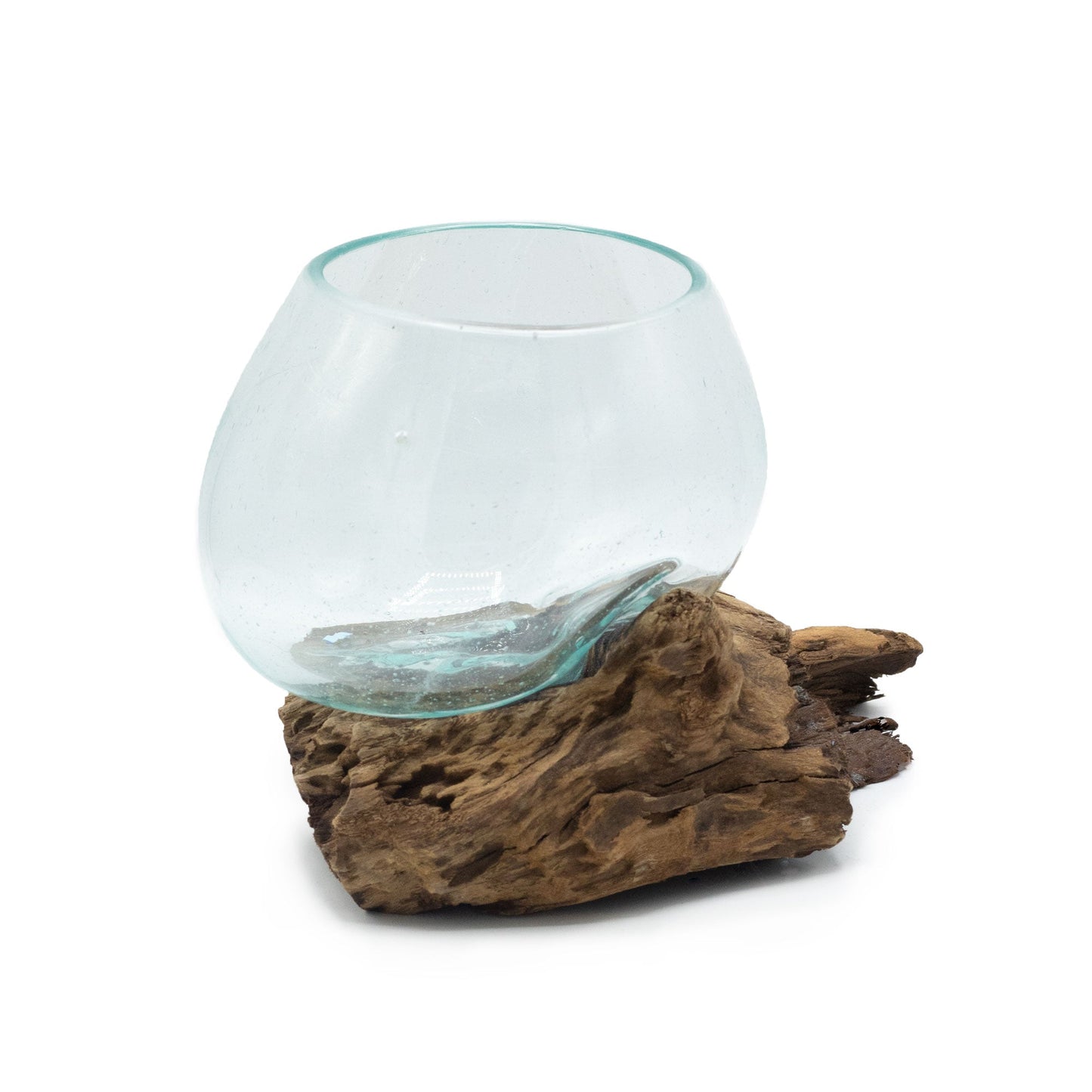 Handmade Molten Recycled Glass Vase on Wood - Medium / Round / Clear / Light Blue product packaging on clean background from Quintessential Holistic Health Ltd