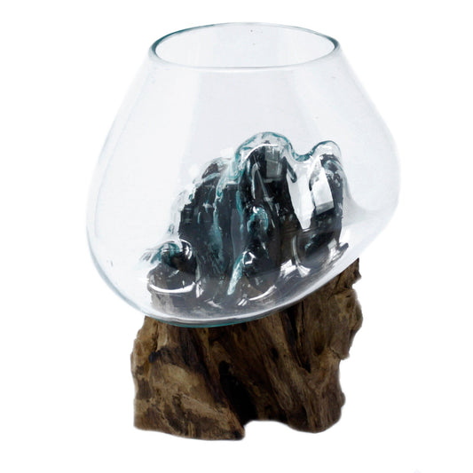 Handmade Molten Recycled Glass Vase on Wood - Large - Round - Clear and Light Blue - main product image from Quintessential Holistic Health Ltd UK