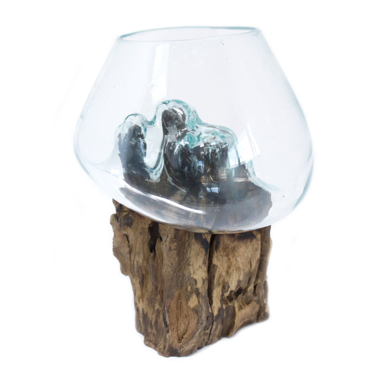 Recycled Glass Vase on Wood - Large Round - Clear & Blue with a broad rounded vessel supported by a tall rugged wood base by Quintessential Holistic Health Ltd