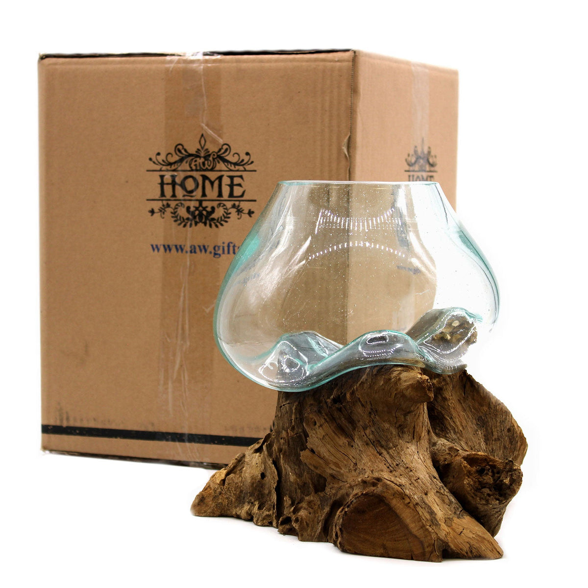 Recycled Glass Vase on Wood - Large Round - Clear & Blue with a low asymmetric vessel moulded over a broad knotted wood base by Quintessential Holistic Health Ltd