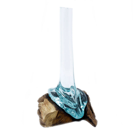 Handmade Molten Recycled Glass Flower Vase on Wood - Large - Clear and Light Blue - main product image from Quintessential Holistic Health Ltd UK
