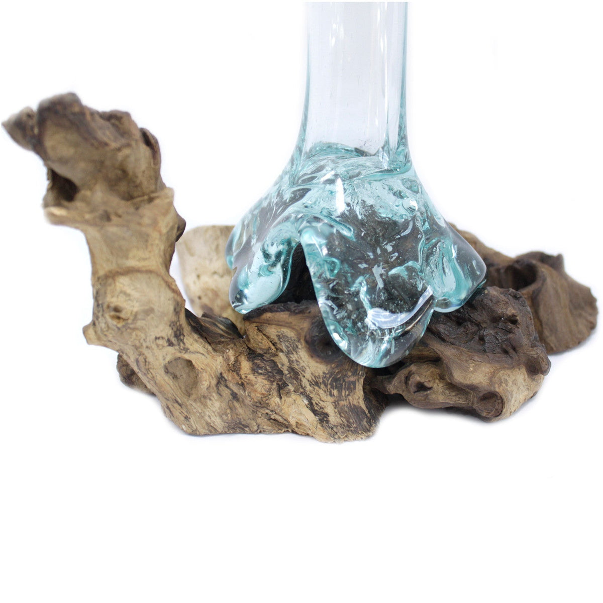 Recycled Glass Flower Vase on Wood - Large - Clear & Blue with a slender upright neck on branching natural wood by Quintessential Holistic Health Ltd