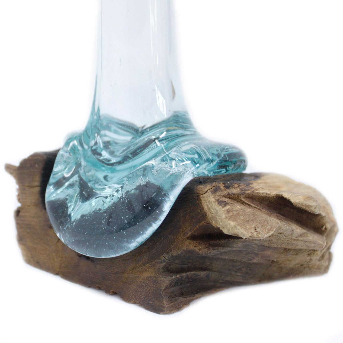 Recycled Glass Flower Vase on Wood - Large - Clear & Blue with an elongated neck and broad molten glass base on dark sculptural wood by Quintessential Holistic Health Ltd