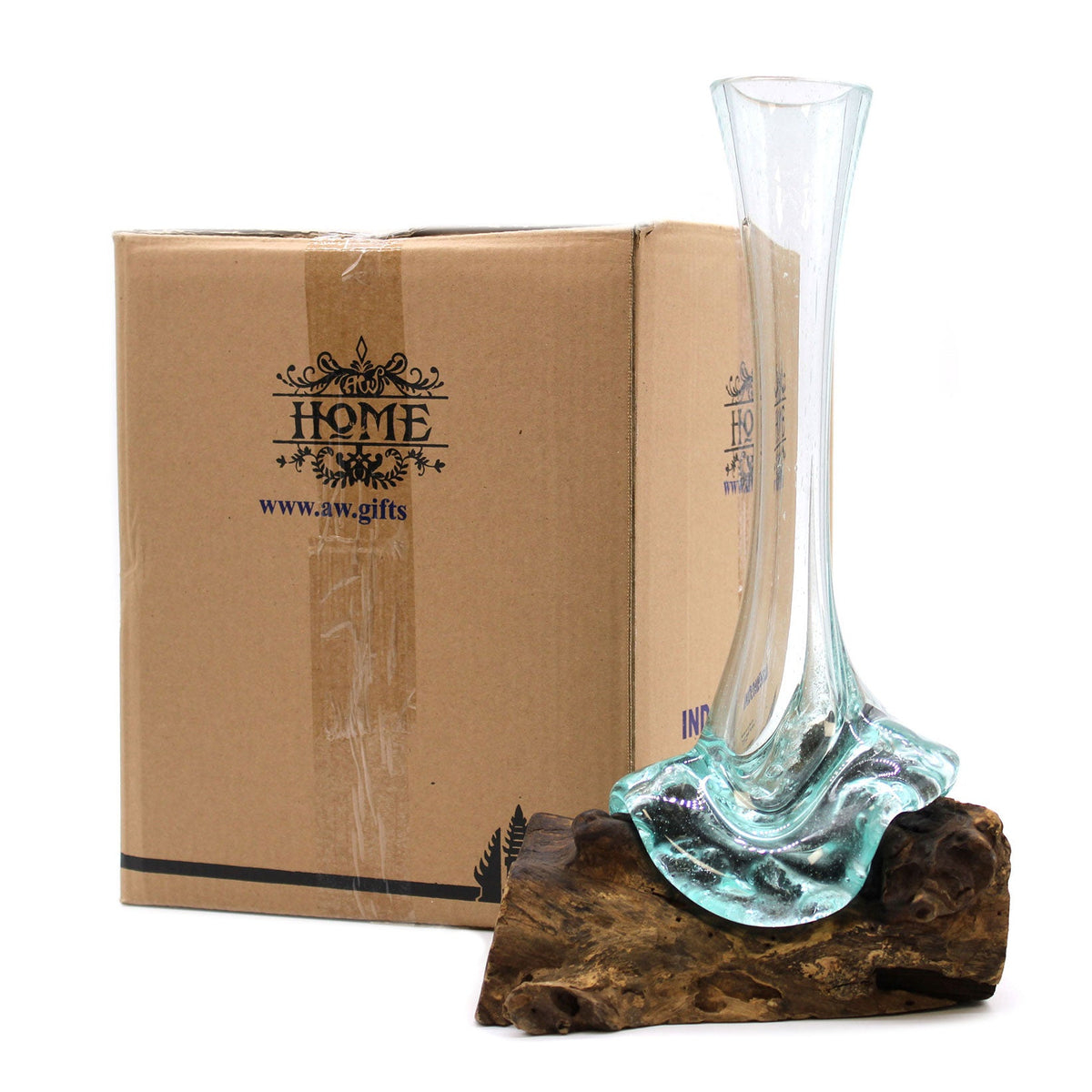 Recycled Glass Flower Vase on Wood - Large - Clear & Blue with a long flared neck and rippled base on dark wood by Quintessential Holistic Health Ltd
