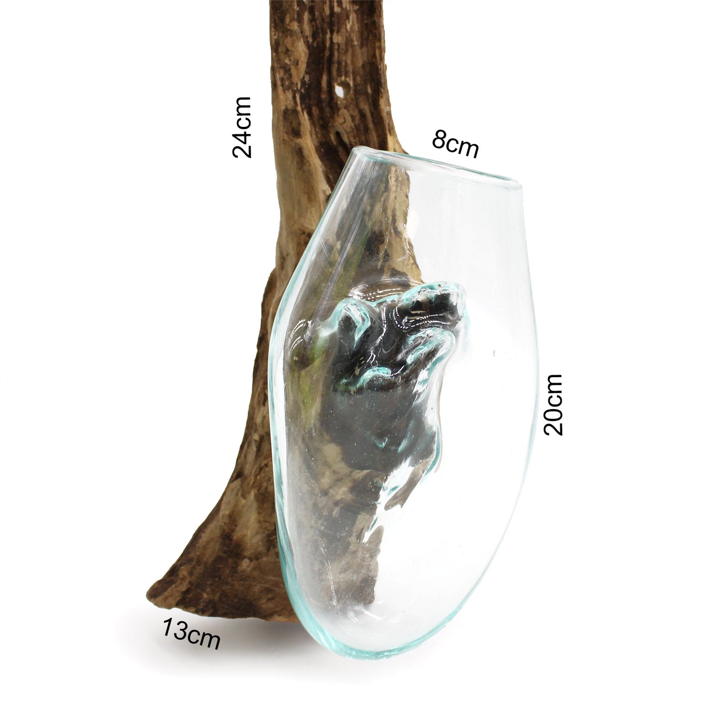 Handmade Molten Recycled Glass Vase on Wood - Hanging / Clear / Light Blue product packaging on clean background from Quintessential Holistic Health Ltd