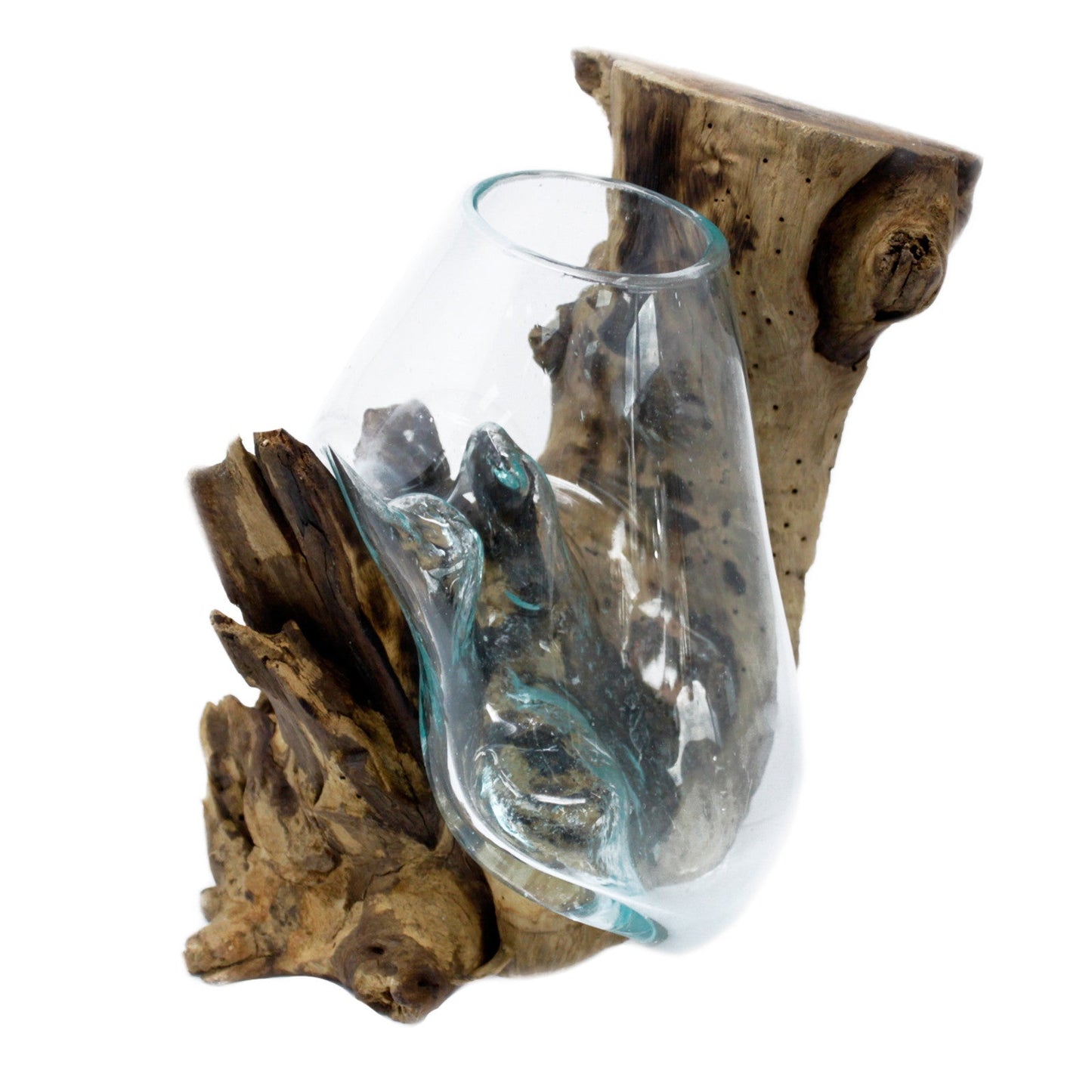 Handmade Molten Recycled Glass Vase on Wood - Hanging / Clear / Light Blue product packaging on clean background from Quintessential Holistic Health Ltd