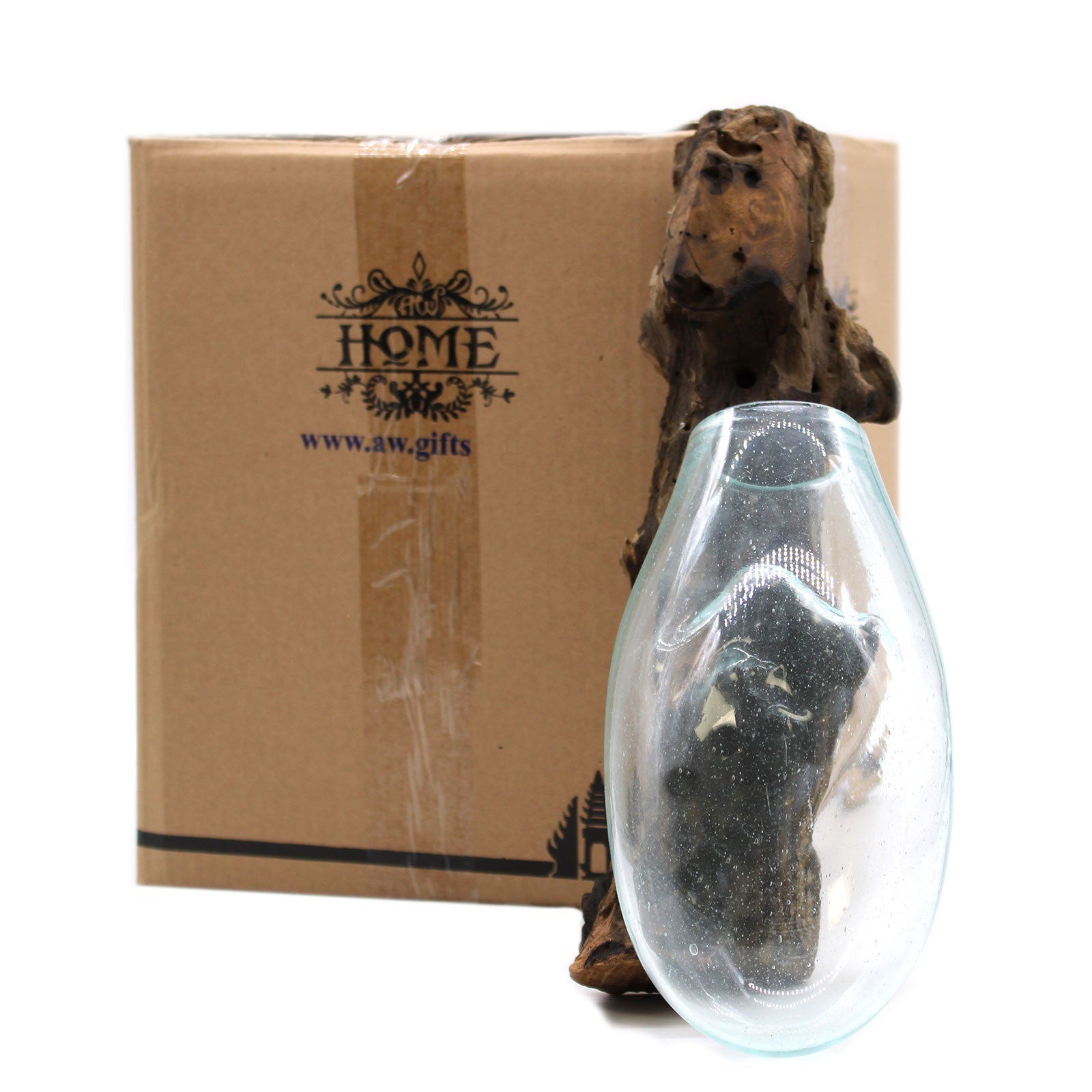 Handmade Molten Recycled Glass Vase on Wood - Hanging / Clear / Light Blue product packaging on clean background from Quintessential Holistic Health Ltd