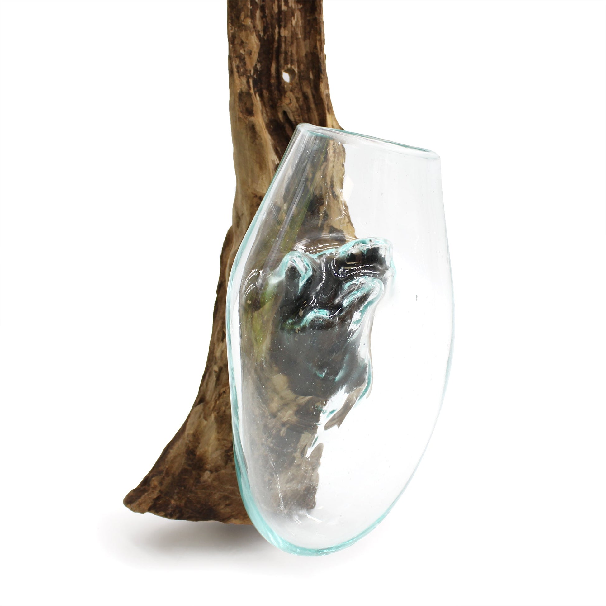 Handmade Molten Recycled Glass Vase on Wood - Hanging / Clear / Light Blue product packaging on clean background from Quintessential Holistic Health Ltd