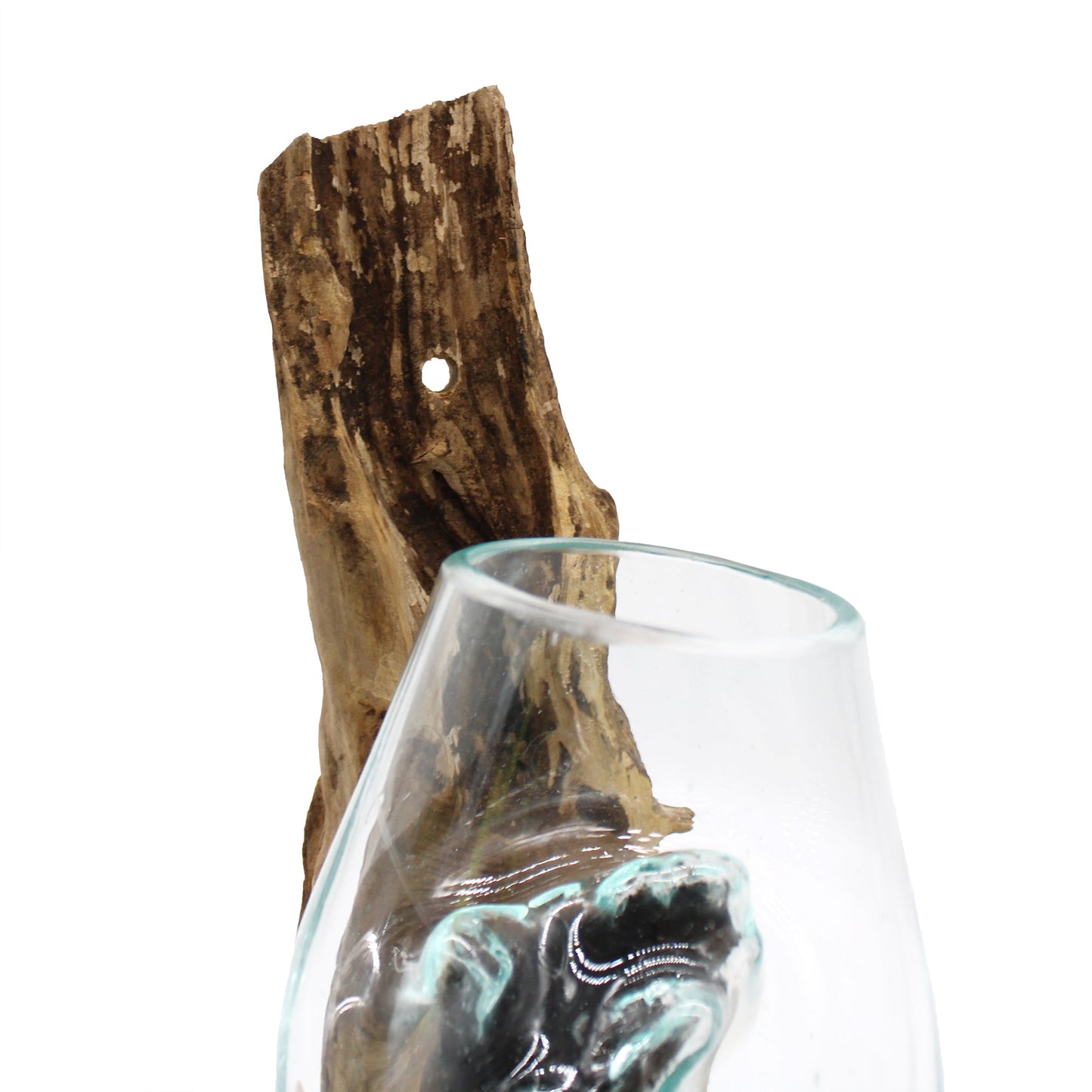 Handmade Molten Recycled Glass Vase on Wood - Hanging / Clear / Light Blue product packaging on clean background from Quintessential Holistic Health Ltd