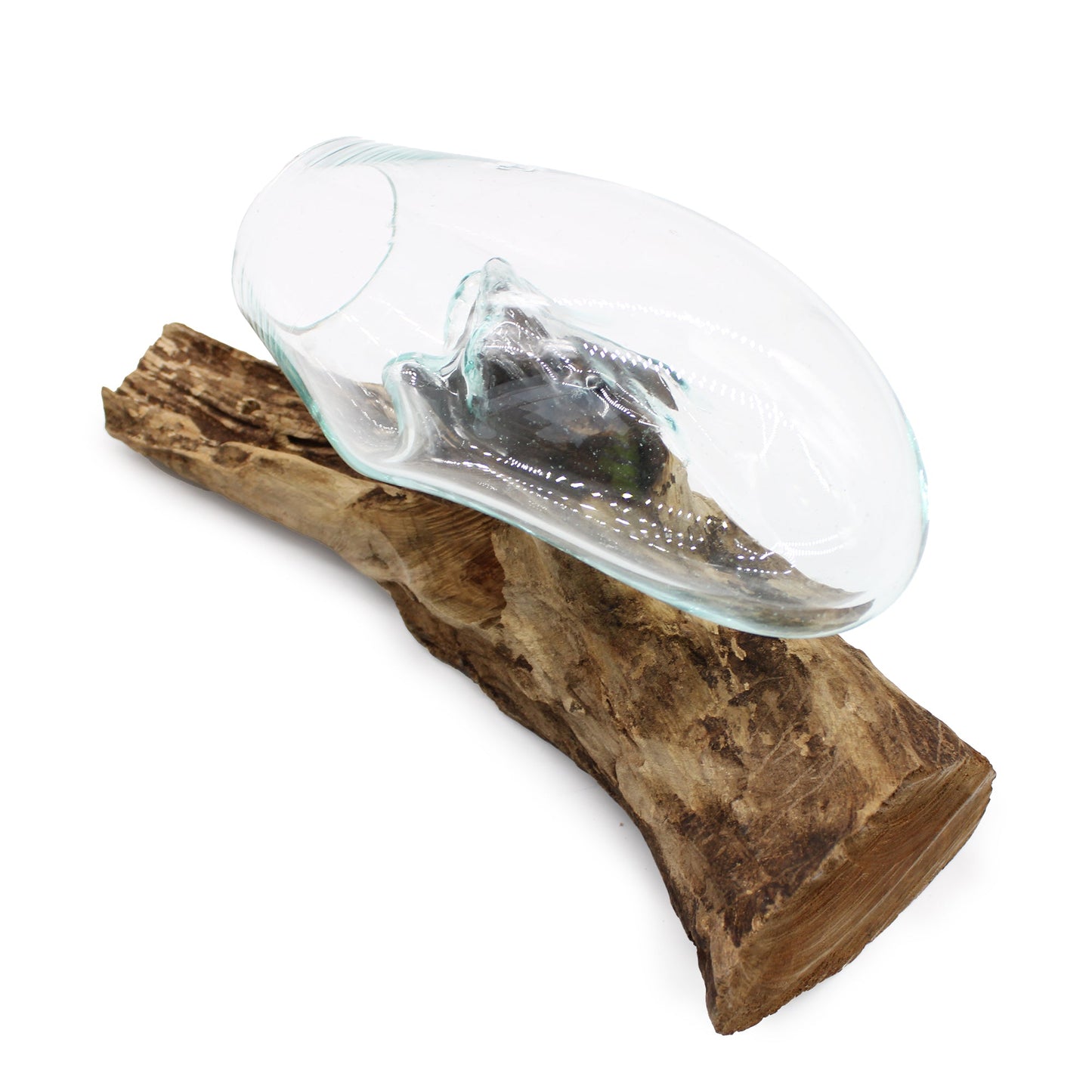 Handmade Molten Recycled Glass Vase on Wood - Hanging / Clear / Light Blue product packaging on clean background from Quintessential Holistic Health Ltd