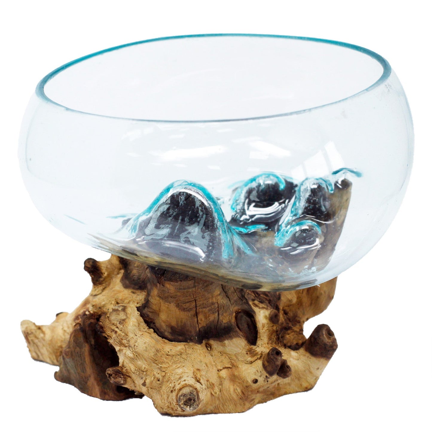 Recycled Glass Bowl & Vase on Wood - Large Round - Clear/Blue with a wide oval bowl and rippled glass formations above a knotted wood base by Quintessential Holistic Health Ltd