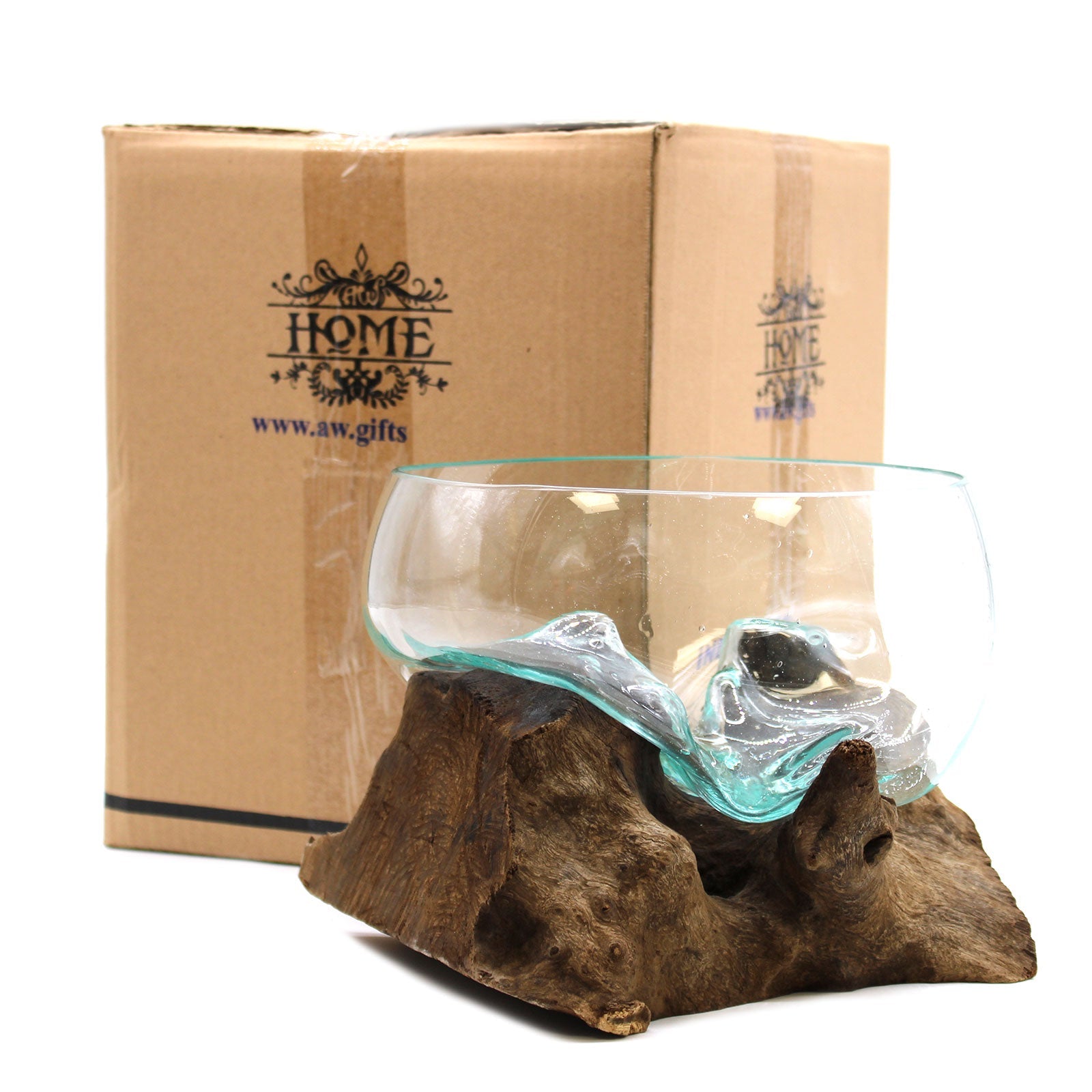 Recycled Glass Bowl & Vase on Wood - Large Round - Clear/Blue with a wavy glass base moulded over dark natural wood by Quintessential Holistic Health Ltd
