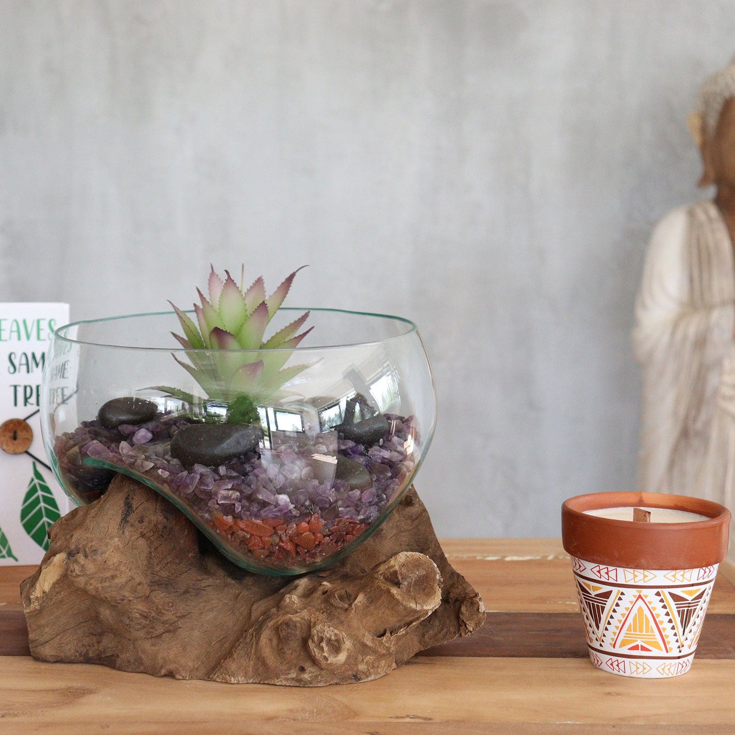 Recycled Glass Bowl & Vase on Wood - Large Round - Clear/Blue with layered stones and a pink-tipped succulent on a broad wood base by Quintessential Holistic Health Ltd