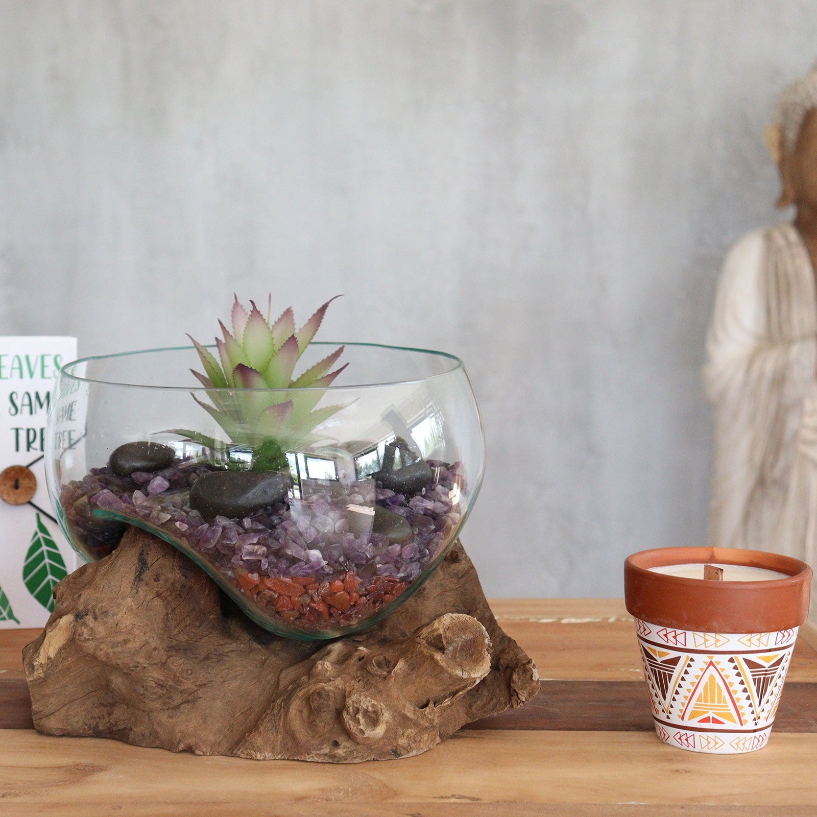 Recycled Glass Bowl & Vase on Wood - Large Round - Clear/Blue with layered stones and a pink-tipped succulent on a broad wood base by Quintessential Holistic Health Ltd
